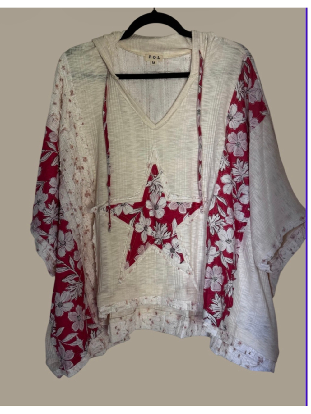 Women's POL Beachy Summer Off-White & Red Floral Star Hoodie M - Picture 4 of 6